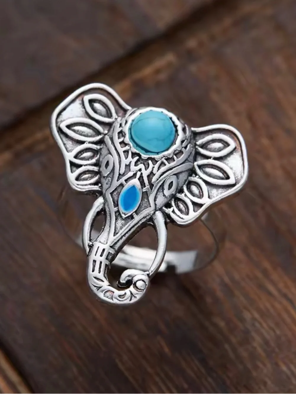 Anthropologie Silver Tone Elephant Turquoise Accent Ring One Size NWOT